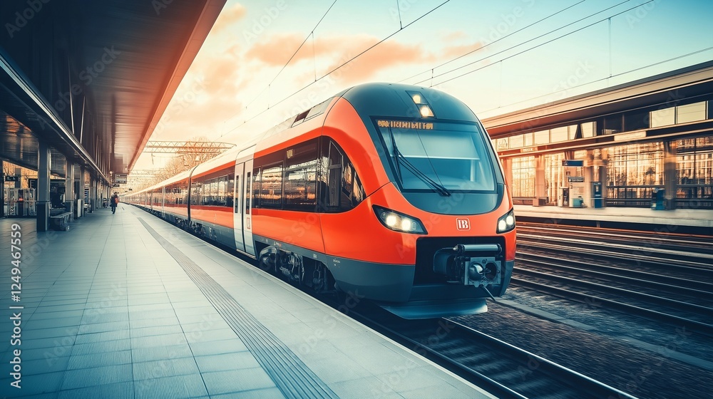 Naklejka premium Electric passenger train drives at high speed among urban landscape. train in motion blur