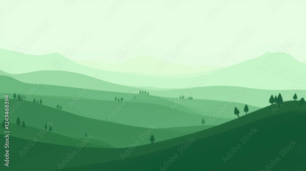 Fototapeta premium Serene Green Landscape with Rolling Hills and Gentle Peaks