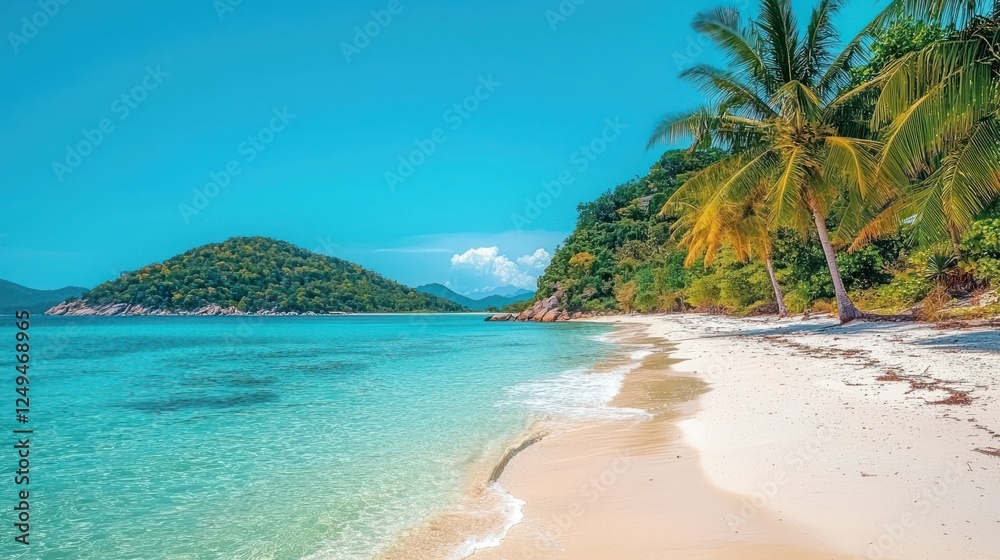 Tropical beach paradise, calm turquoise water, white sand, lush green hills Tropical beach paradise, calm turquoise water, white sand, lush green hills