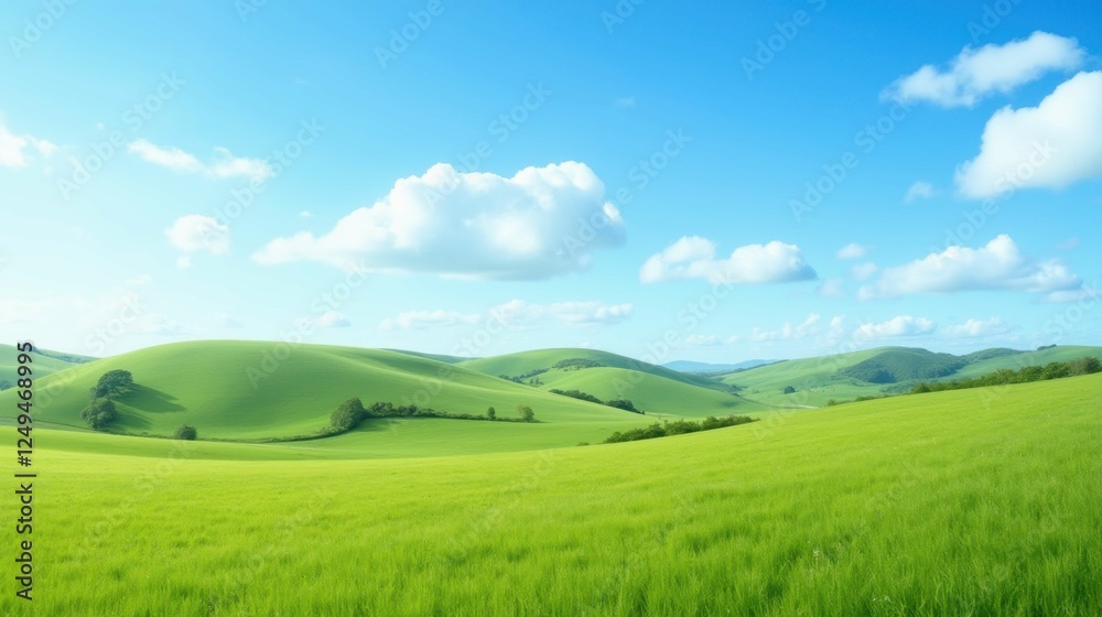 Obraz premium Lush Green Hills Under Bright Blue Sky with Fluffy White Clouds