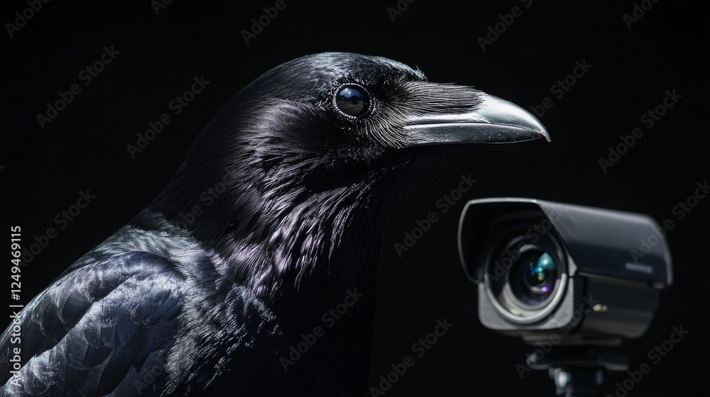 Crow’s head with security camera, symbolizing constant digital surveillance in today’s world. Crow’s head with security camera, symbolizing constant digital surveillance in today’s world.