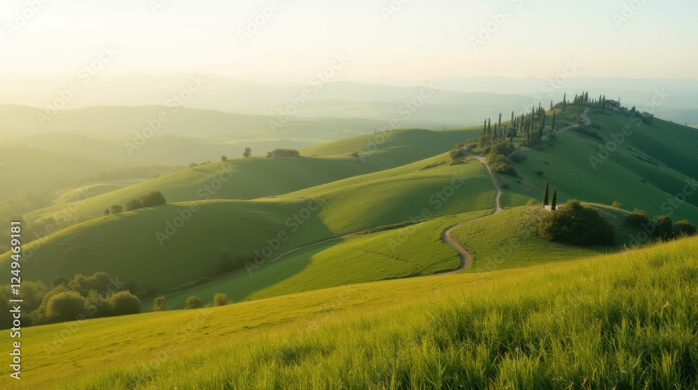 Serene Rolling Hills with Green Grass and Distant Trees at Sunrise Serene Rolling Hills with Green Grass and Distant Trees at Sunrise