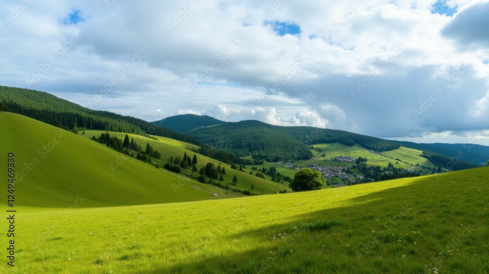 Fototapeta premium Lush Green Hills and Scenic Valley under Bright Blue Sky