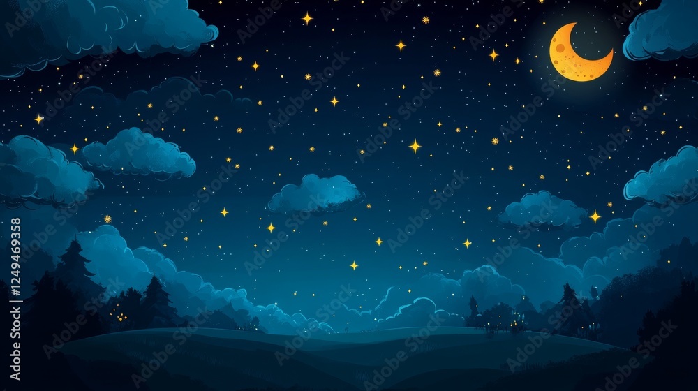 Fototapeta premium Dark night sky filled with stars and planets. 