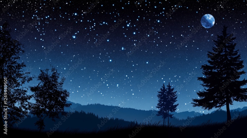 Fototapeta premium Dark night sky filled with stars and planets. 