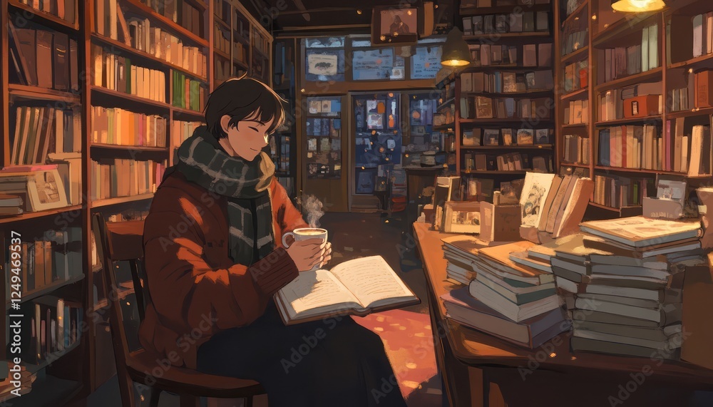 Person enjoys reading and a warm drink in bookstore Person enjoys reading and a warm drink in bookstore