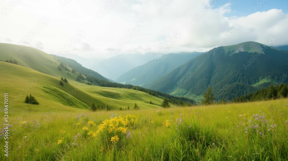Obraz premium Lush Green Valley with Wildflowers and Majestic Mountain Scenery