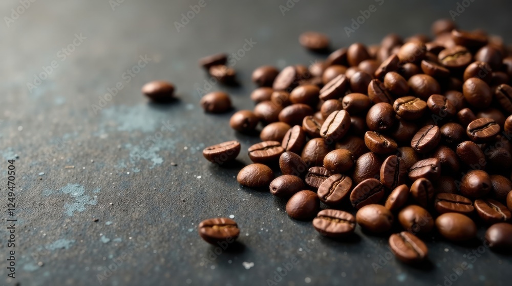 Roasted Coffee Beans Scattered on a Dark Surface A Close-Up View of Aromatic Coffee Beans Roasted Coffee Beans Scattered on a Dark Surface A Close-Up View of Aromatic Coffee Beans