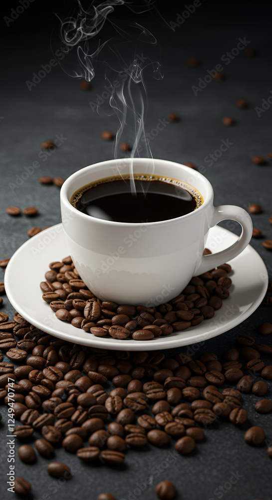 Steaming Cup of Coffee with Beans - Fresh Brewed Aroma, Rich Flavor, Caffeine Fix, Coffee Lover's Delight! Steaming Cup of Coffee with Beans - Fresh Brewed Aroma, Rich Flavor, Caffeine Fix, Coffee Lover's Delight!