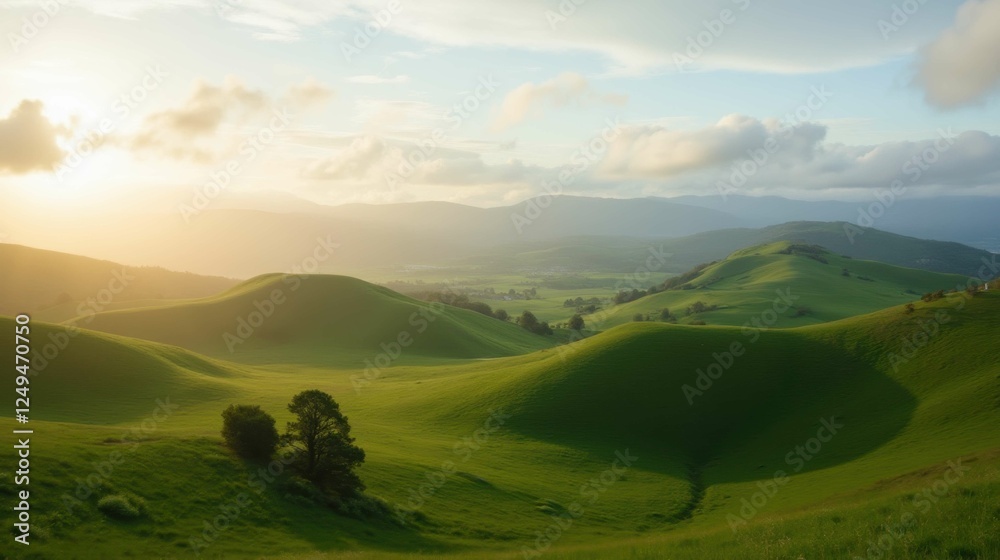 Fototapeta premium Tranquil Rolling Green Hills under a Soft Golden Sunrise