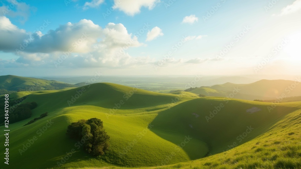 Naklejka premium Lush Green Rolling Hills Under Bright Blue Sky with Soft Clouds