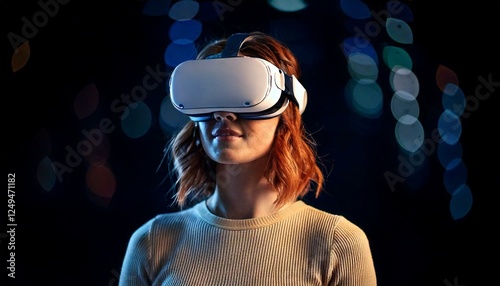 Moça jovem moderna usando óculos de realidade virtual - Generated image