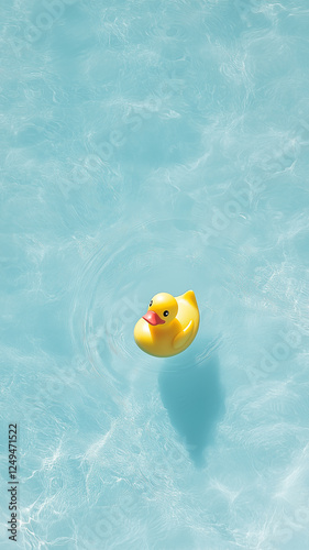 A yellow rubber duck floating in the swimming pool, top view, close-up, light blue water, minimalism, simple background photo