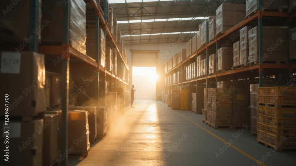Bright Sunset Illuminates Warehouse Aisle with Boxes and Pallets Bright Sunset Illuminates Warehouse Aisle with Boxes and Pallets