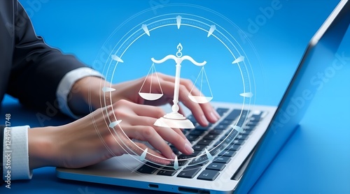 Typing hands on a laptop on a blue backdrop with a holographic justice scale icon overlay.