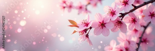 Soft focus pink cherry blossom branch with white background and twinkling lights, garden, twinkling