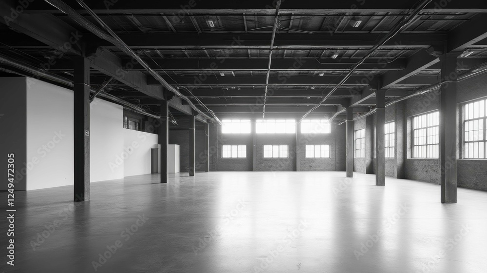 Naklejka premium Spacious and empty industrial interior with natural light and windows