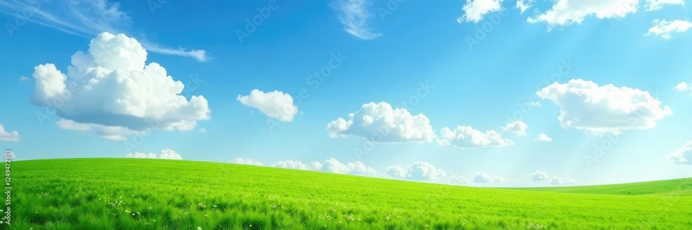 Softly scattered white clouds float above a serene green meadow, nature, grass, blue sky Softly scattered white clouds float above a serene green meadow, nature, grass, blue sky