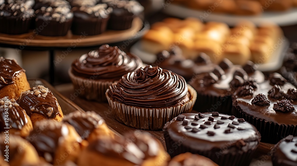 A delectable array of chocolate cupcakes and pastries, beautifully arranged on wooden trays, creating a mouthwatering display of sweet treats.