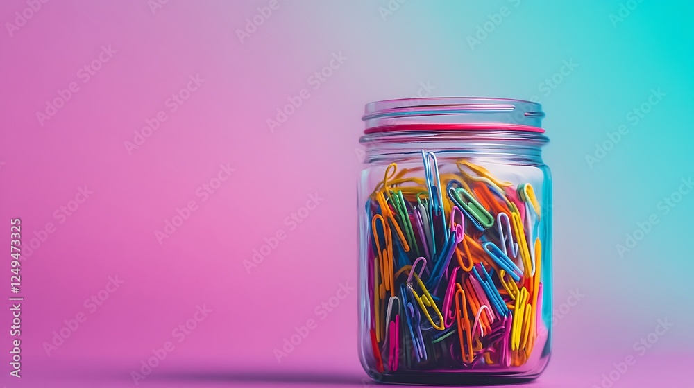 Colorful paper clips in a glass jar against a vibrant pink and blue background. Colorful paper clips in a glass jar against a vibrant pink and blue background.
