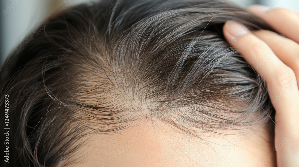 Close up of thinning hair strands under bright light, showcasing scalp and hair texture. image highlights delicate nature of hair and impact of light on its appearance Close up of thinning hair strands under bright light, showcasing scalp and hair texture. image highlights delicate nature of hair and impact of light on its appearance