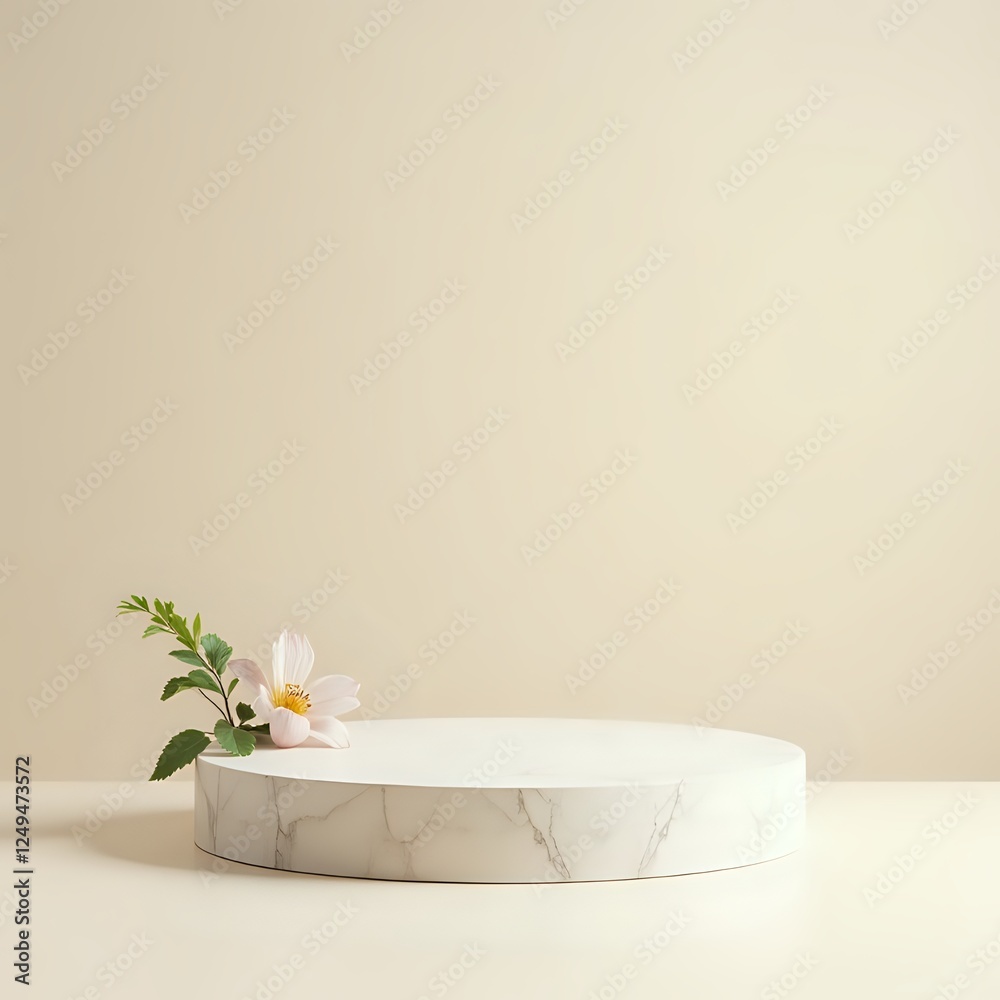 Minimal product display mockup with a stone podium in soothing pastel cream and beige Minimal product display mockup with a stone podium in soothing pastel cream and beige