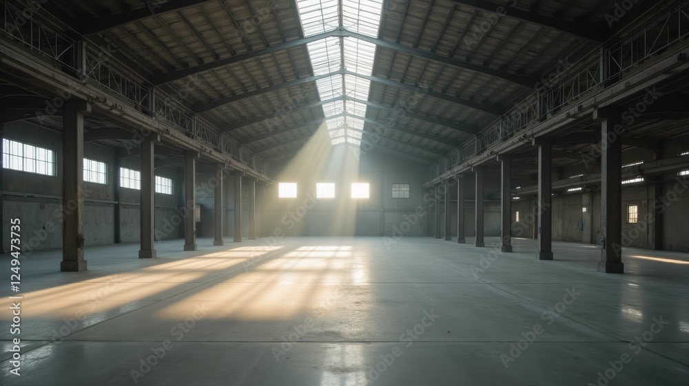 Sunlight Streaming Through Windows in an Empty Warehouse Interior Sunlight Streaming Through Windows in an Empty Warehouse Interior