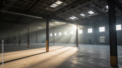 Spacious Empty Warehouse with Sunbeams Streaming Through Windows