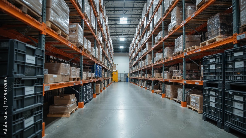 Warehouse Interior with Shelving and Boxes in Industrial Setting Warehouse Interior with Shelving and Boxes in Industrial Setting