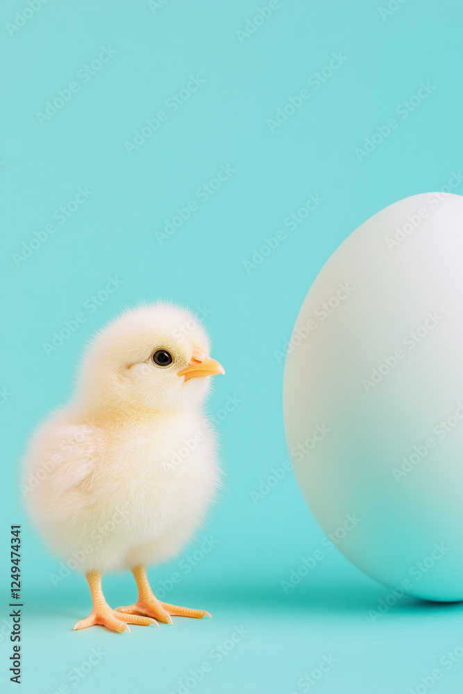 Adorable fluffy chick standing next to a large white egg on a vibrant turquoise background, symbolizing new beginnings and easter celebrations Adorable fluffy chick standing next to a large white egg on a vibrant turquoise background, symbolizing new beginnings and easter celebrations