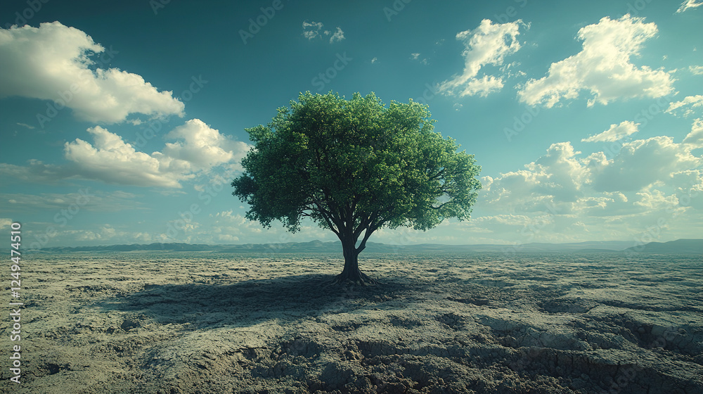 A single green tree stands tall against a blue sky in a barren, cracked landscape. A single green tree stands tall against a blue sky in a barren, cracked landscape.