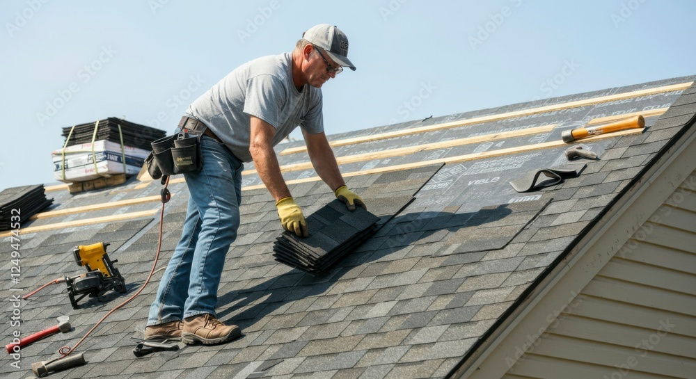 Fototapeta premium Roofer installing shingles on a house under a clear sky, showcasing construction and craftsmanship