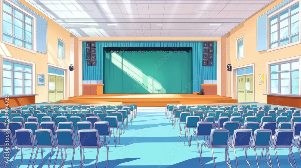 Fototapeta premium Spacious auditorium with empty rows of chairs, a stage, and bright lighting creating a welcoming atmosphere