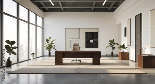 A clean, modern office space with a desk, chair, and two potted plants. The room is well-lit and has a minimalist design