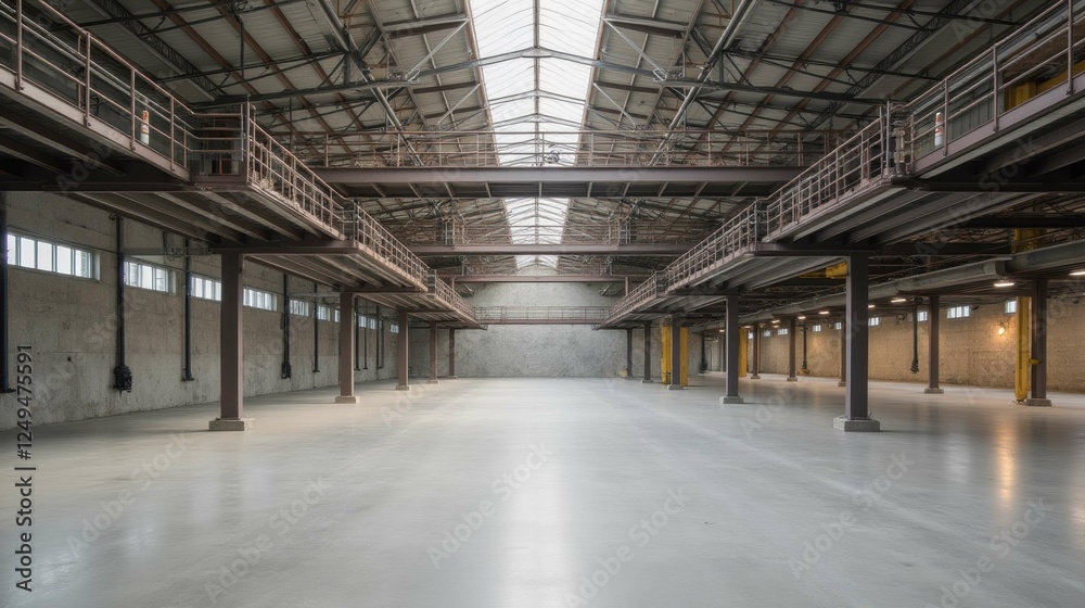 Spacious Industrial Warehouse Interior with Natural Light and Steel Beams Spacious Industrial Warehouse Interior with Natural Light and Steel Beams