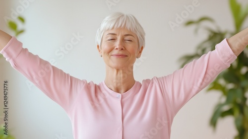 Senior woman with short white hair smiling warmly, arms raised in a gesture of joy and contentment, surrounded by soft natural lighting photo