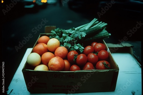 Fresh Tomatoes and Vegetables in a Box photo