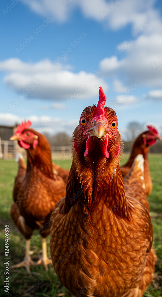 Naklejka premium Chicken Close-Up: Curious Hens in the Meadow - Poultry Portraits, Farm Life Photography, Rural Scene, Livestock Images.