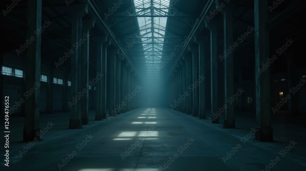 Vast Empty Industrial Space with Shadows and Soft Light Beams Vast Empty Industrial Space with Shadows and Soft Light Beams