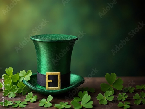 St Patricks Day featuring Green top hat sitting on a table.  A spattering of clovers on the table. blurred green background - generative AI