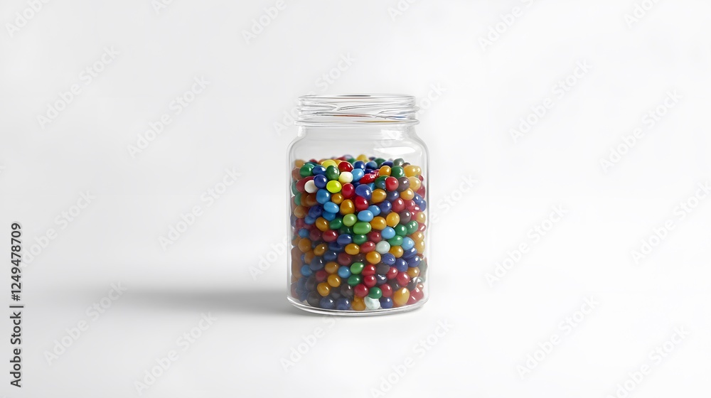 A small glass jar filled with colorful jellybeans, clean white background, transparent isolate A small glass jar filled with colorful jellybeans, clean white background, transparent isolate