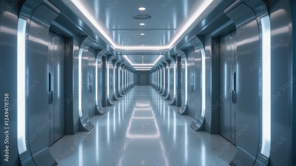 Futuristic Hallway with Sleek Elevators and Ambient Lighting Futuristic Hallway with Sleek Elevators and Ambient Lighting
