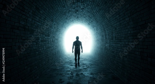 Silhouette of a person walking towards a bright light at the end of a dark brick tunnel, symbolizing hope