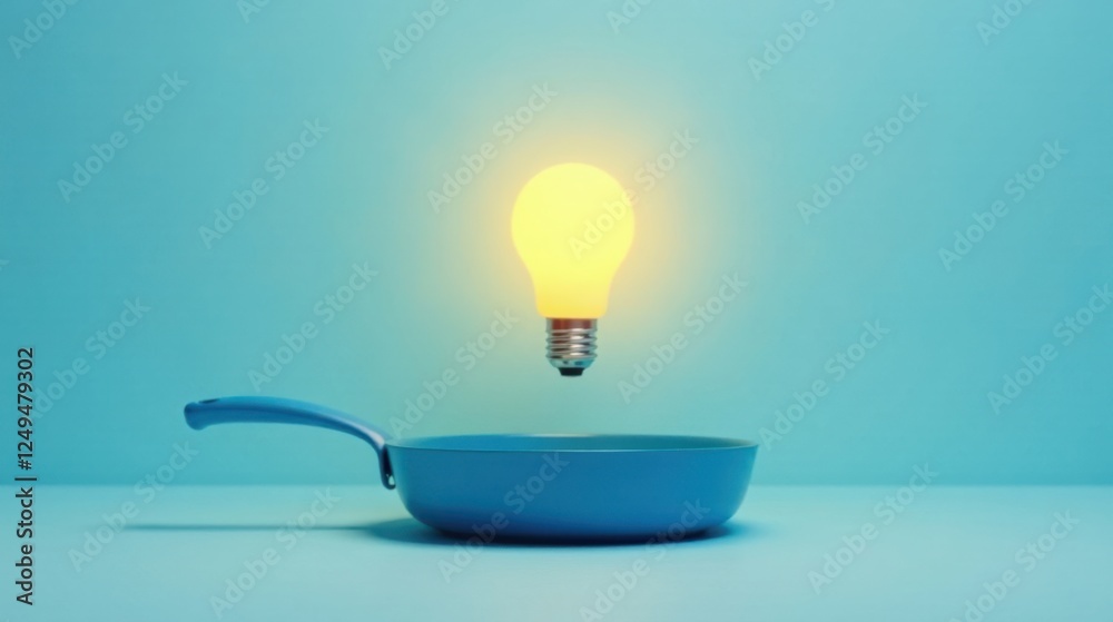 Illuminating Culinary Inspiration A Glowing Lightbulb Above an Empty Frying Pan, Representing Creativity in the Kitchen Illuminating Culinary Inspiration A Glowing Lightbulb Above an Empty Frying Pan, Representing Creativity in the Kitchen
