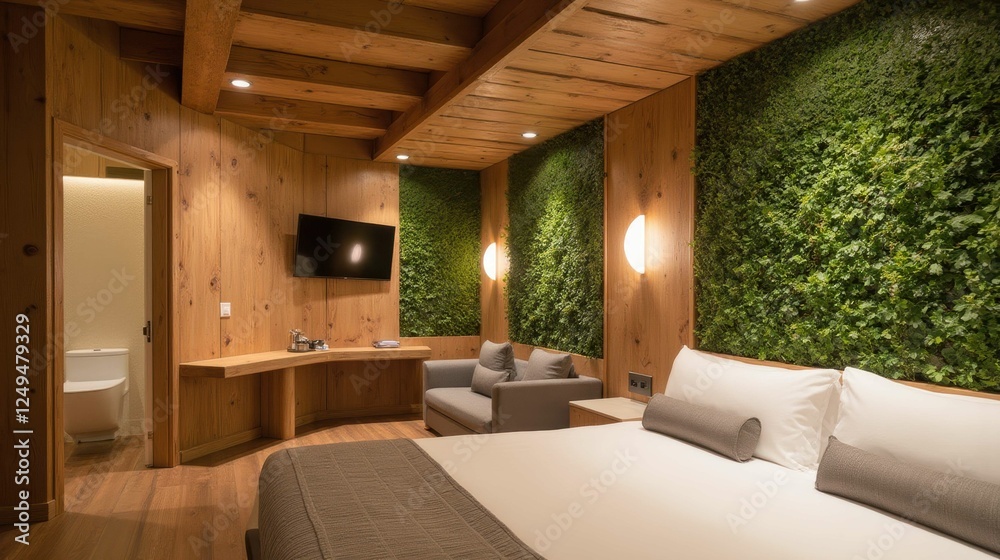 Fototapeta premium Cozy Modern Hotel Room with Green Wall and Wooden Decor Elements