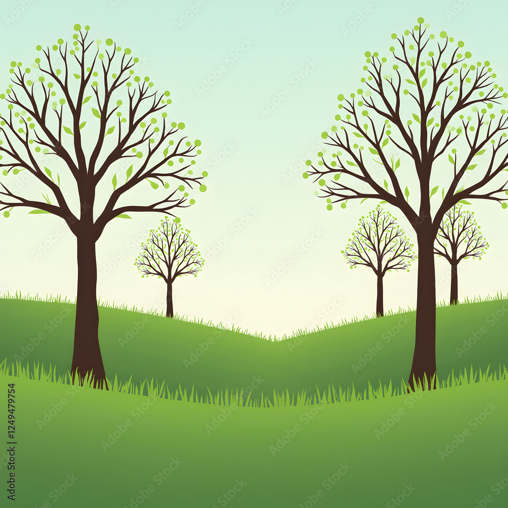 Fototapeta premium A minimalist park scene in spring featuring fresh green grass and budding trees bathed in soft natural light creating a serene atmosphere