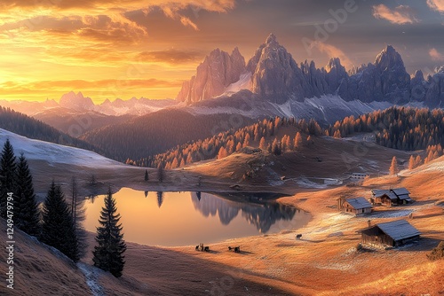 Sunrise over alpine lake, autumnal mountains, frost, chalets photo