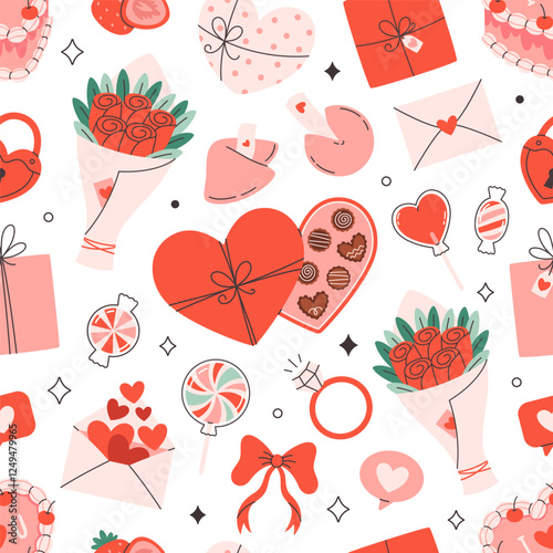 Seamless pattern with cute Valentines Day elements. Print for wallpaper, wrapping paper, textile, banners. Vector illustration in flat style