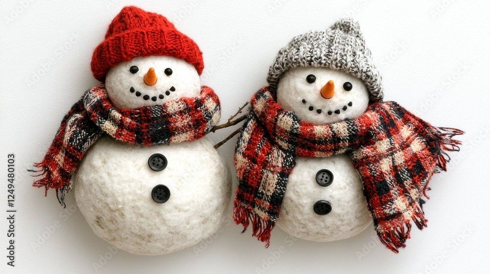 Two snowmen in winter hats and scarves on white background Two snowmen in winter hats and scarves on white background