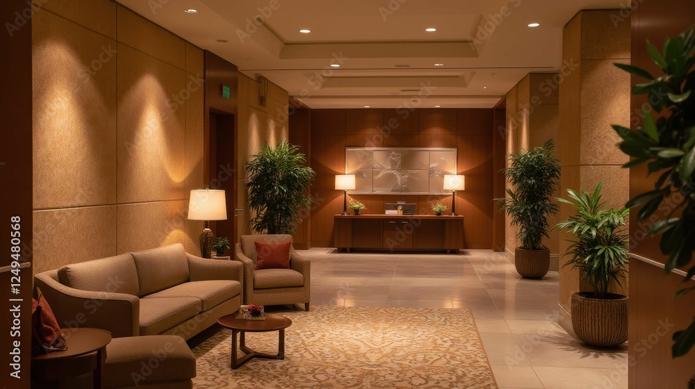 Fototapeta premium Elegant Hotel Lobby with Modern Furniture and Soft Lighting